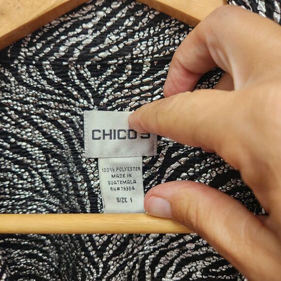 Chico's Black Metallic Silver Jacket Zip Zebra Size 1 Medium stretch Pockets - Picture 5 of 15